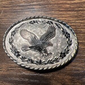 Vintage American Flying Eagle Oval Belt Buckle Etched Leaf USA Made Silver Tone